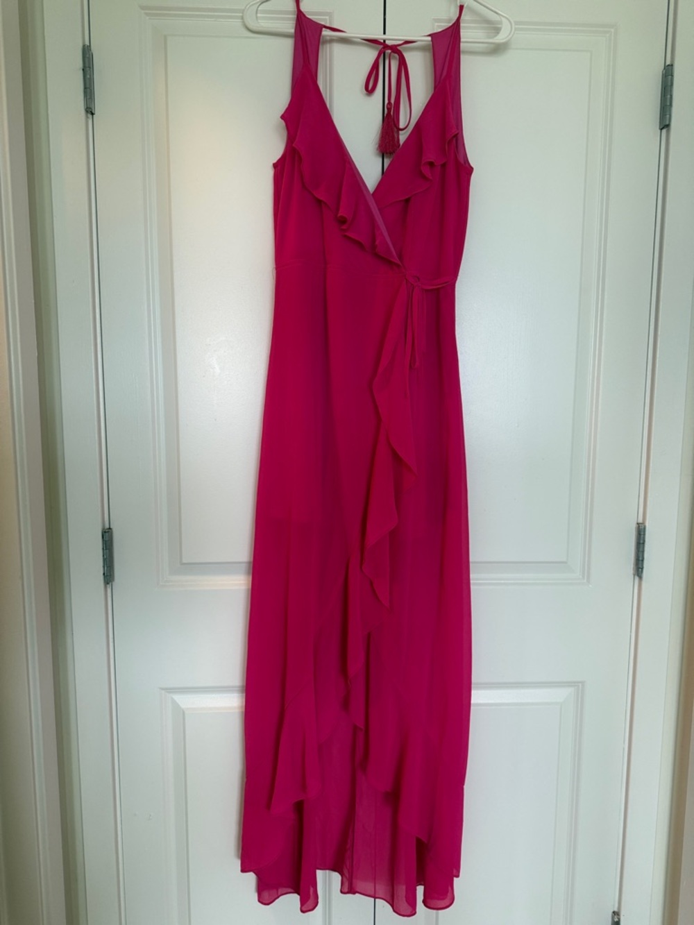 Women's Fuchsia Wrap Maxi Dress - Sleeveless Ruffle V-Neck
